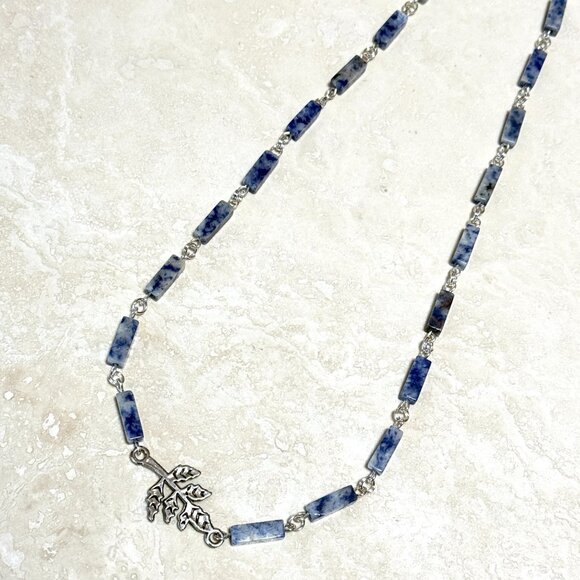 Genuine Blue White Sodalite Matinee Necklace, Gemstone & Leaf Branch Pendant - Picture 7 of 14